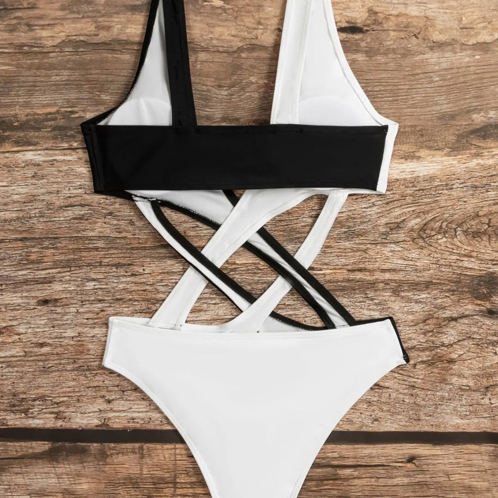 White women's one-piece swimsuit with colour block hollow out design