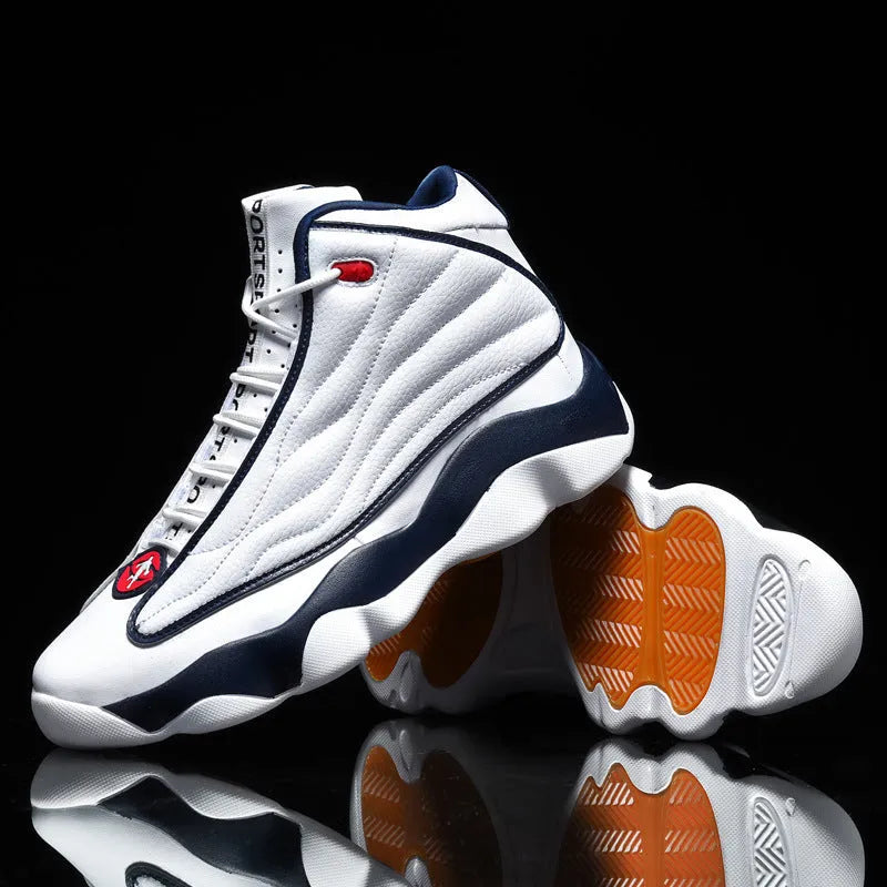High-top basketball trainers in AJ13 colours with mesh upper and thick rubber sole.