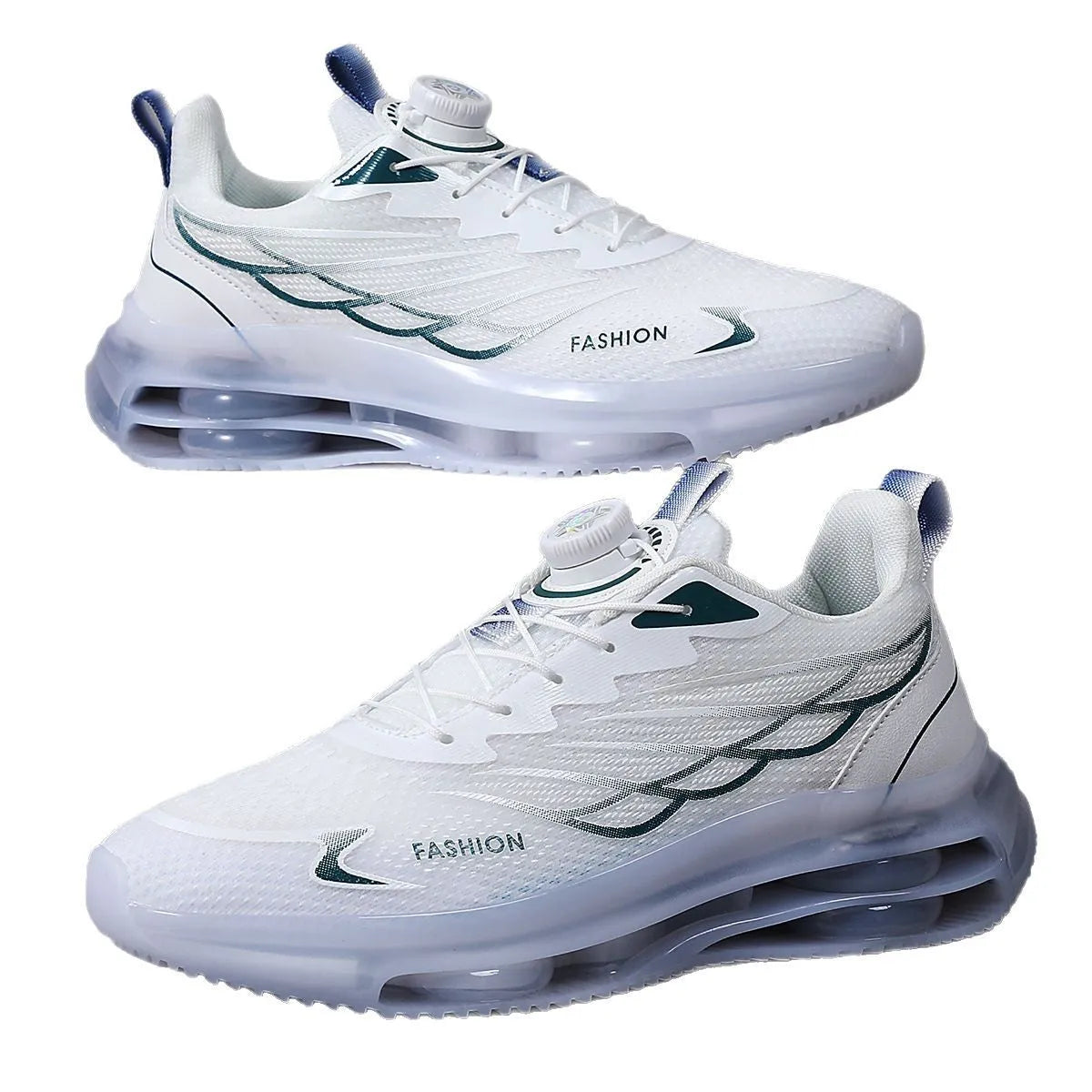 White Korean-style men's casual shoes with rotating button lacing and mesh upper.