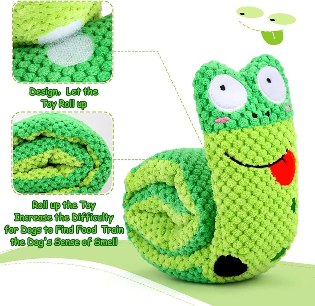 Interactive dog puzzle toy with squeakers in transformable snail design for foraging games