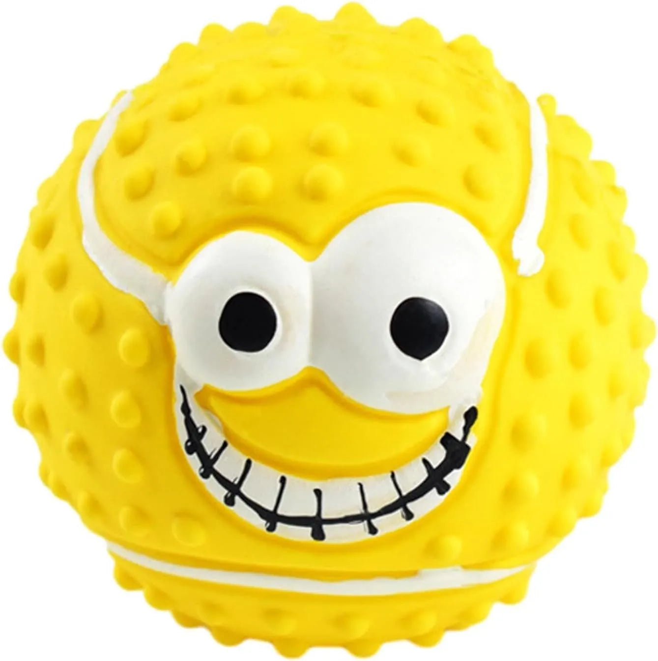 Latex face ball dog toy in green orange yellow colours with smiley design