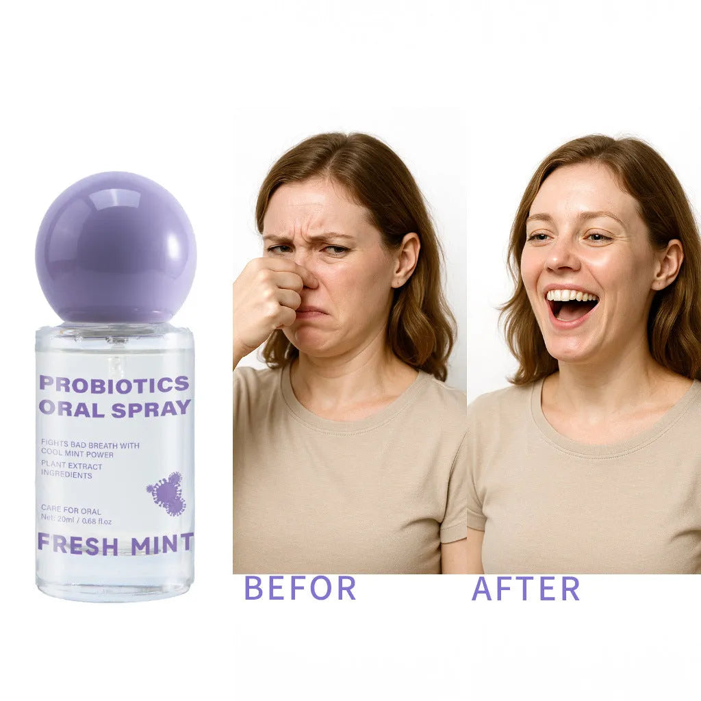 Portable probiotic oral spray 20ml in a white bottle with blue cap on a clean background