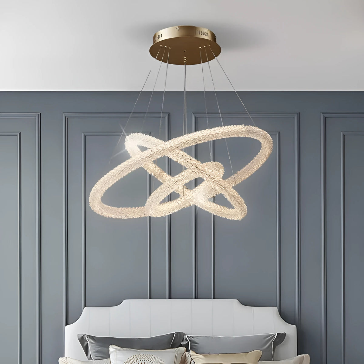 Crystal chandelier with ring lamp design and LED light luxury style on ceiling