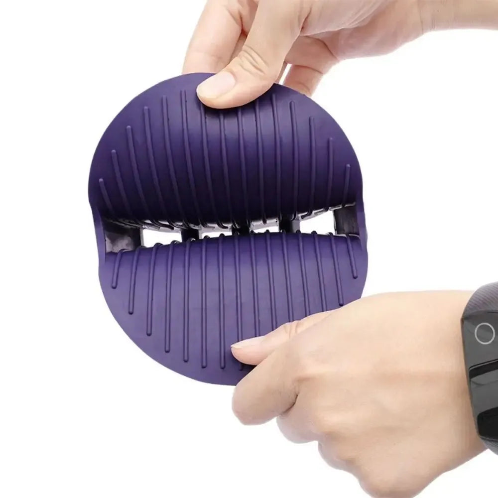 Purple dual-sided TPR pet massage and shampoo brush for dogs and cats.