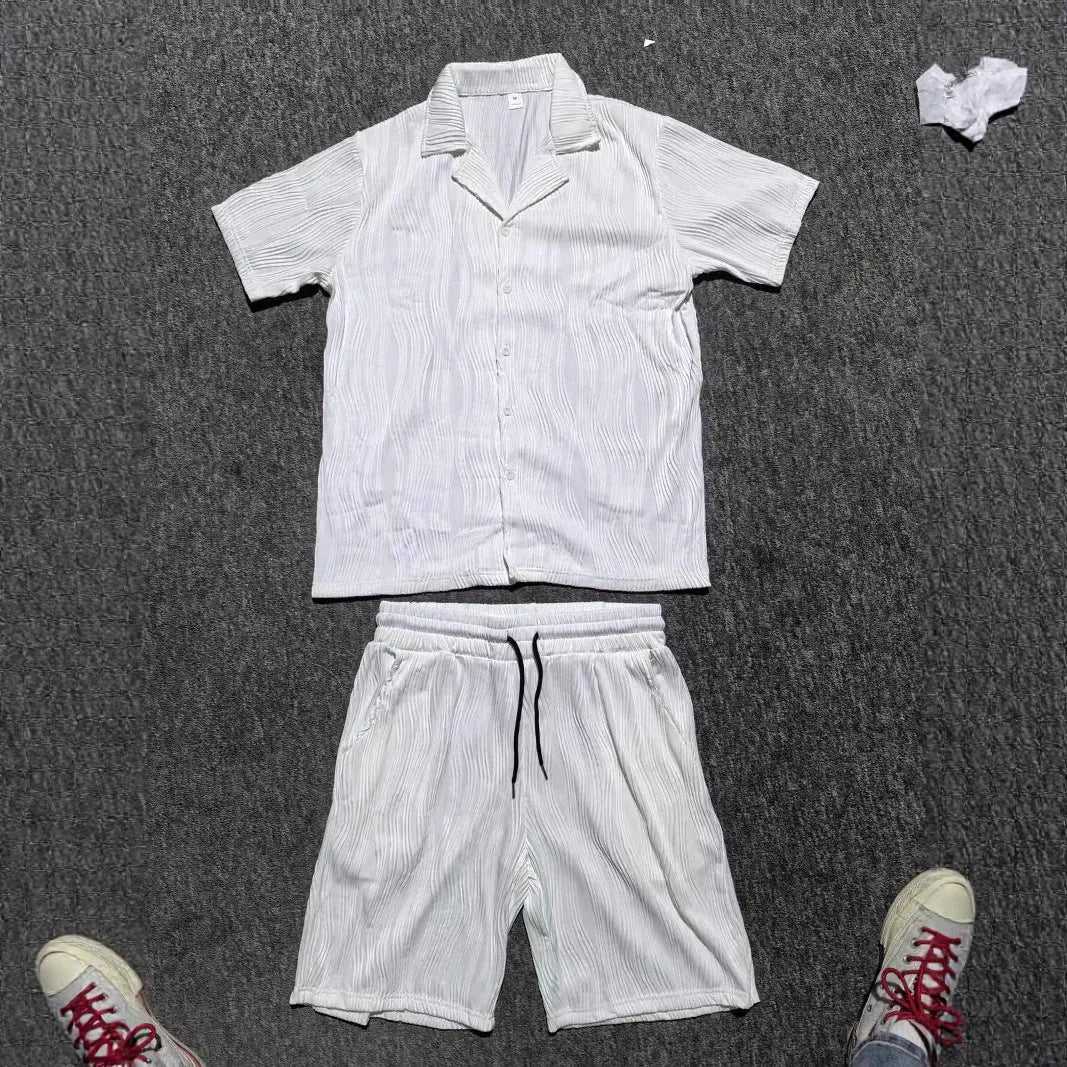 Men's black wave pattern short sleeve shorts suit for summer casual wear