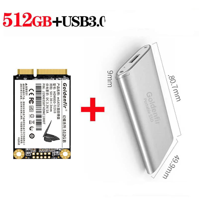 512GB mSATA SSD in black with compact 30x50x3mm size and 3 year warranty