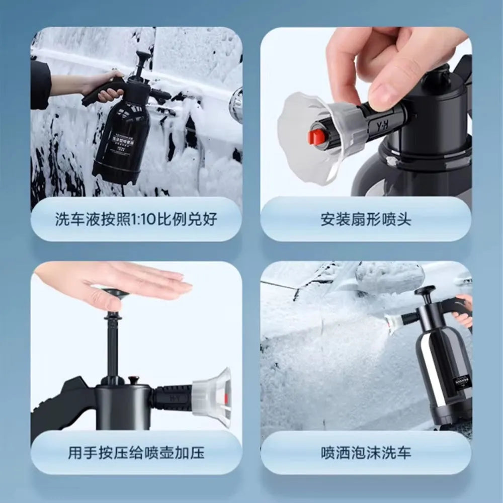 2L black manual car wash foam spray bottle with fan nozzle and watering nozzle on white background