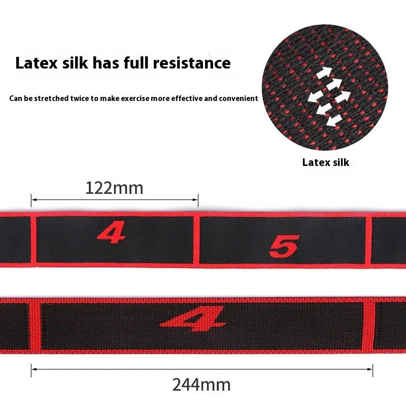 Yoga multi-section stretch strap in seven colour options with polyester cotton latex yarn construction