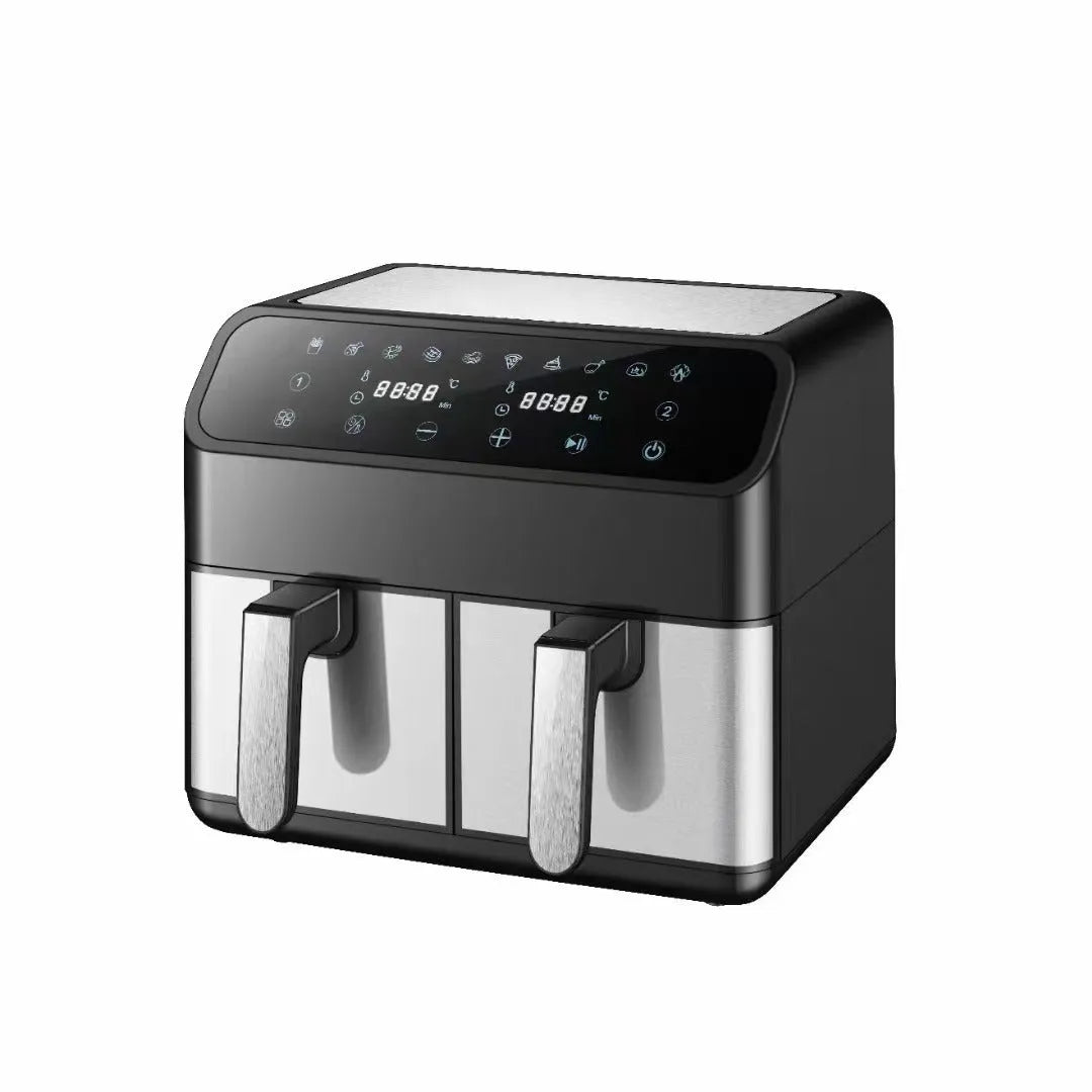 8L stainless steel dual basket air fryer with touch screen control panel, two separate 4L baskets, 2300W