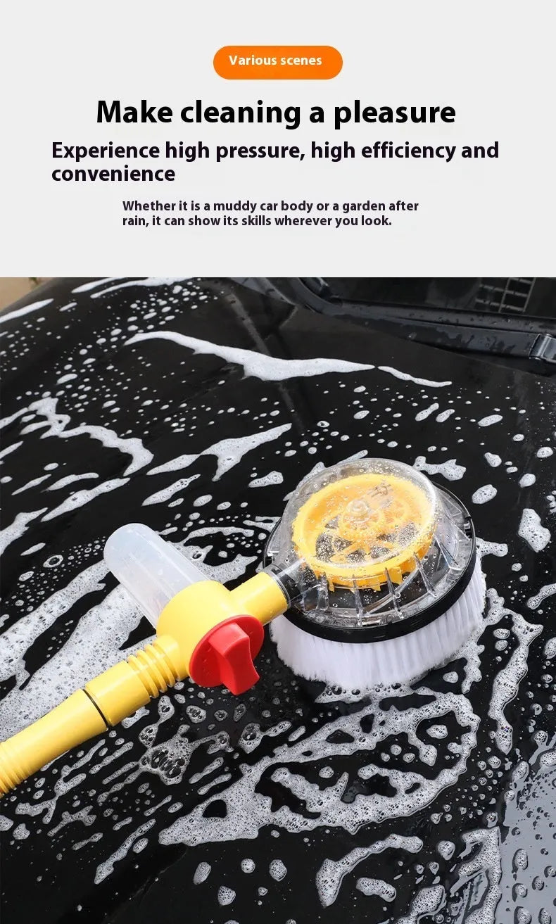Bright yellow car wash mop cleaning tool with a long hose and a brush head featuring chenille and outer plastic bristles.