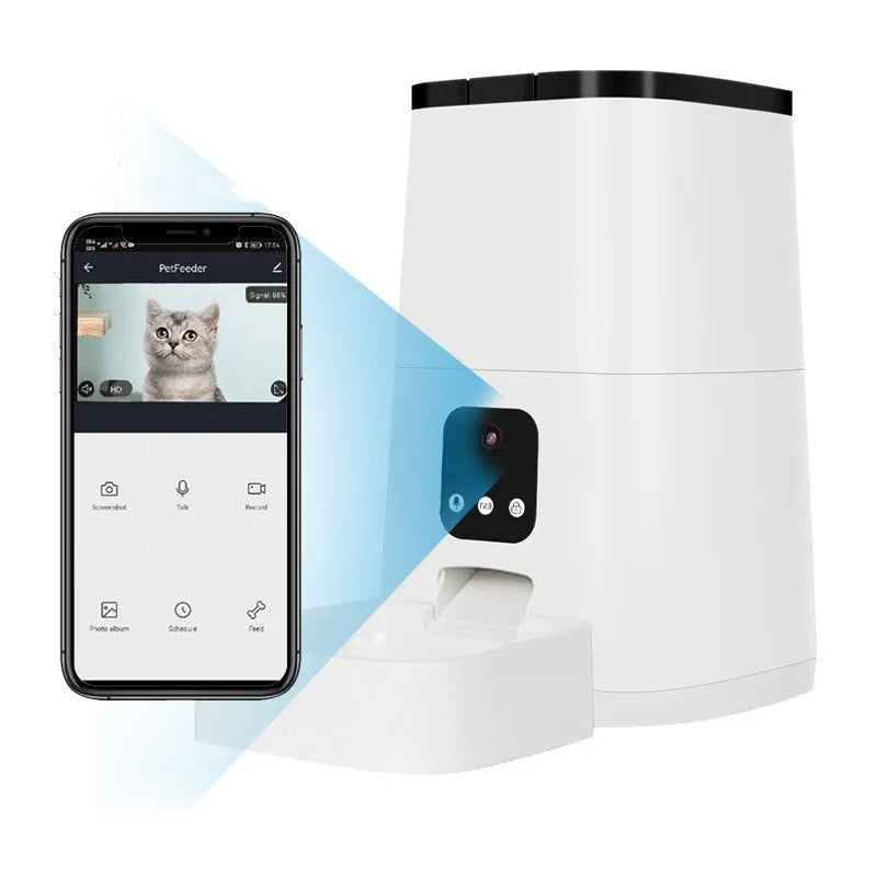 White automatic pet feeder with 5L feed bucket, app-controlled timed feeding, detachable design for dogs and cats