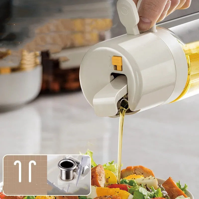 Warm grey glass oil sprayer and pourer bottle with switchable cap and detachable nozzle.