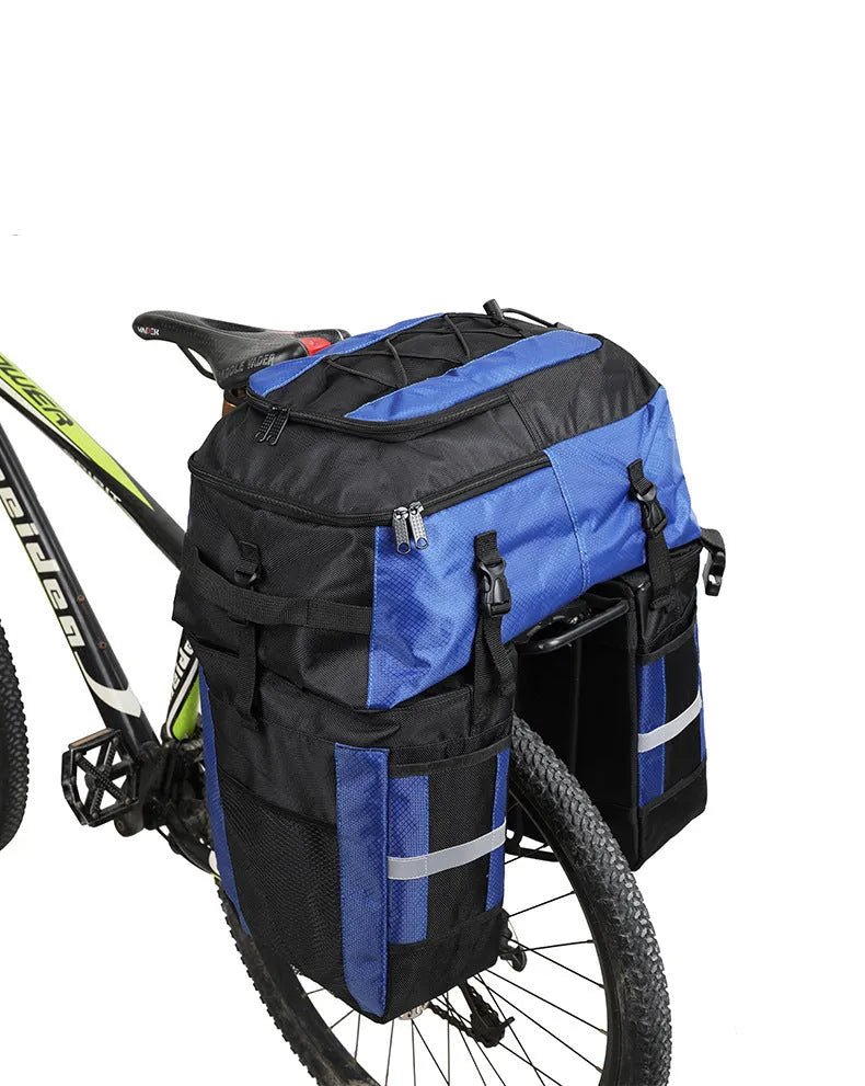 70 litre capacity blue polyester bicycle rear storage frame bag for long-distance touring.