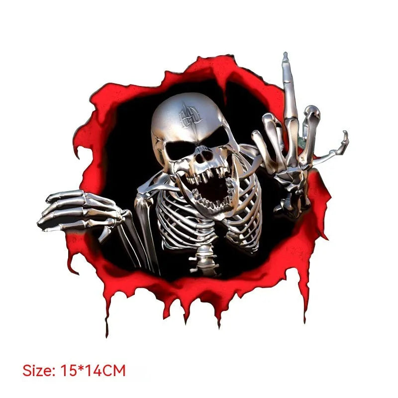 Colourful broken shell peeping metal skull design car bumper sticker measuring 15x14cm