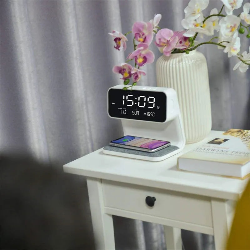 White 3-in-1 bedside lamp with wireless charging pad, LCD clock screen, and touch dimming controls