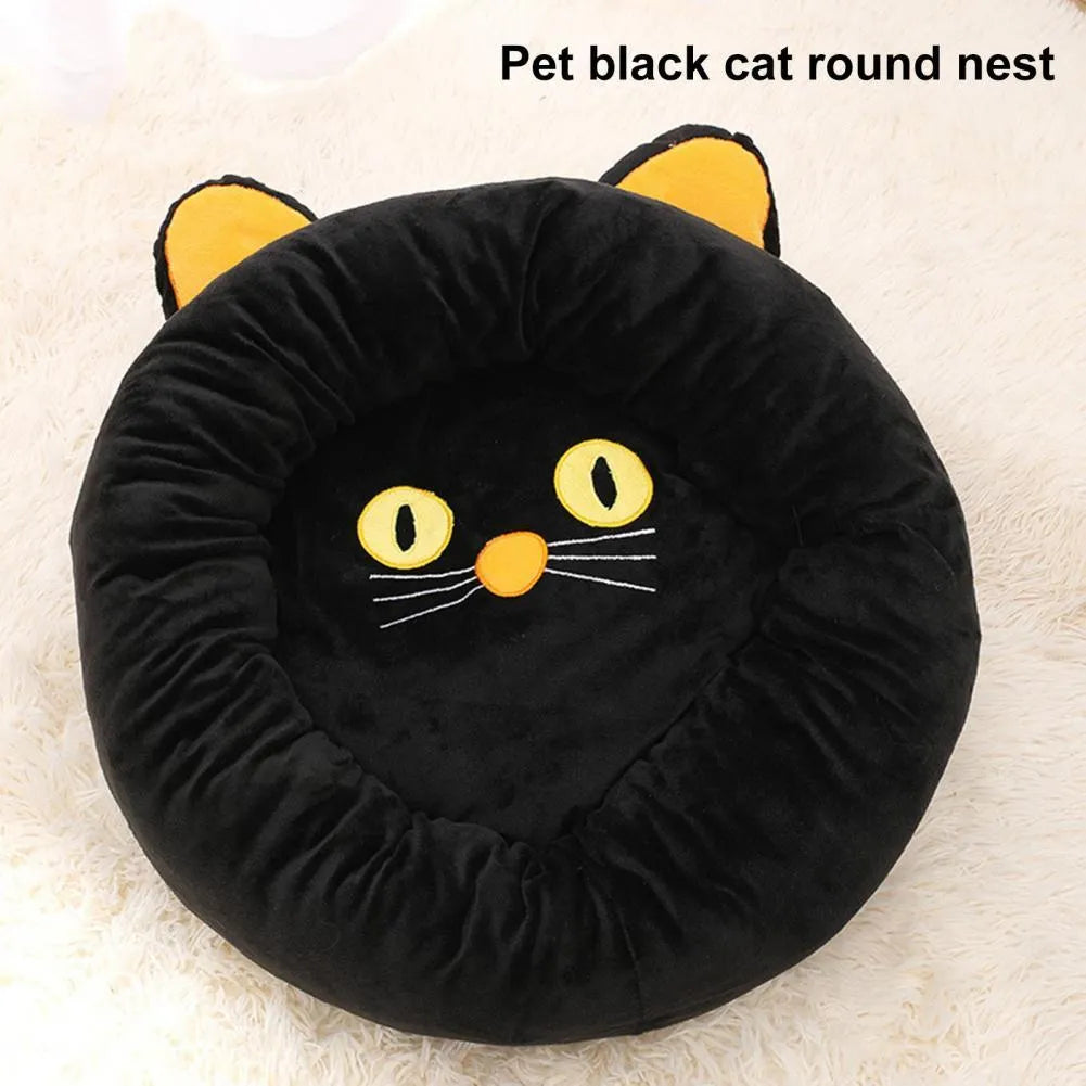 Black cat shaped velvet pet nest bed with raised edges for feline head and neck support