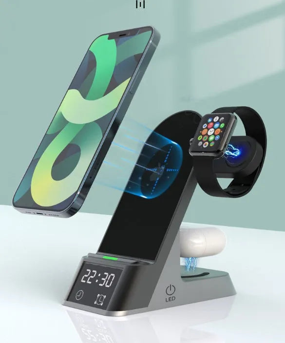 Black multifunctional alarm clock with integrated wireless charging pad and digital display.