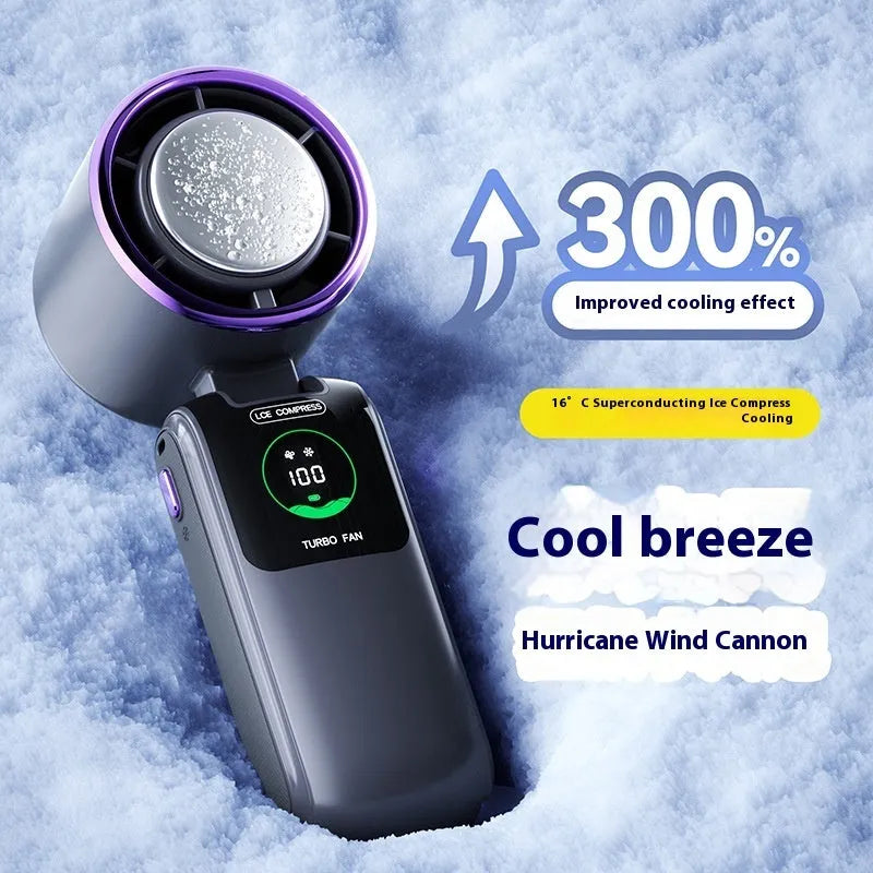 Handheld folding mini fan in blue colour, showing compact design and USB port.