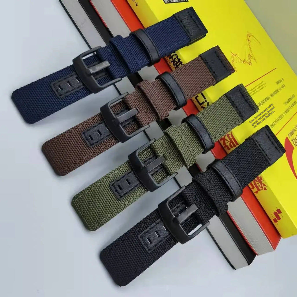 Oxford cloth canvas watch strap shown in multiple colour options including camouflage, with 20mm, 22mm, and 24mm sizing displayed.