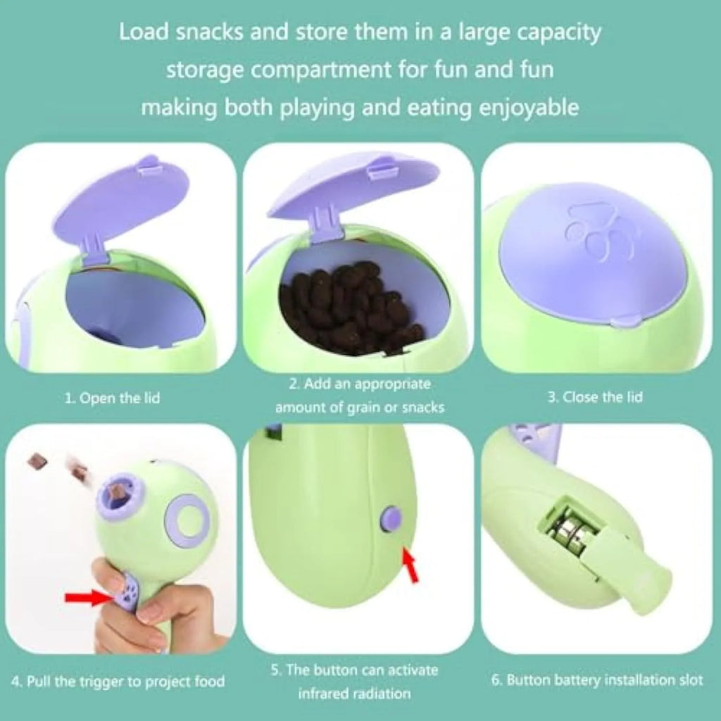 Green dog treat launcher toy with automatic food dispenser for pet training