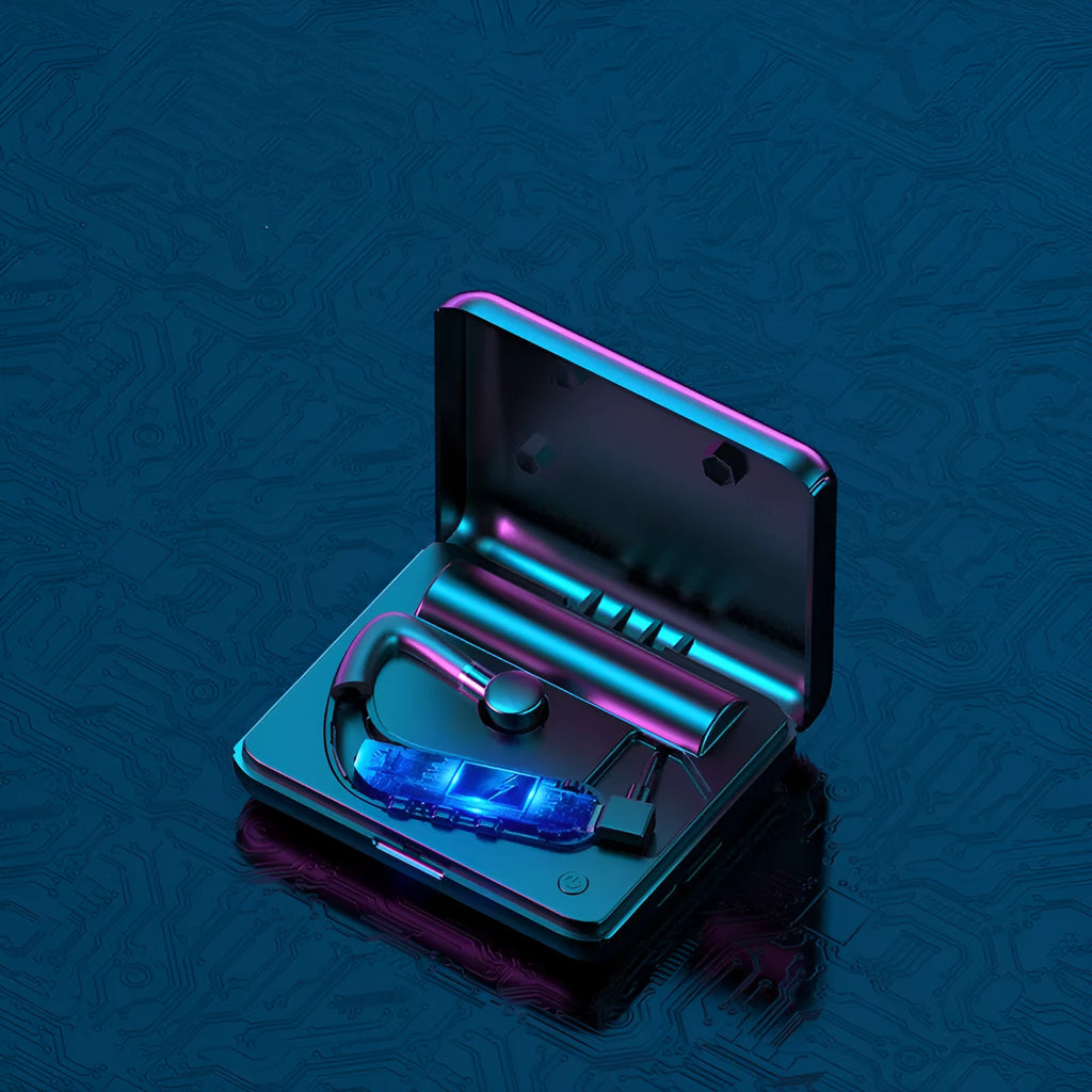 Black Bluetooth earphones with hanging ear design shown with three pairs of silicone ear caps and charging cable