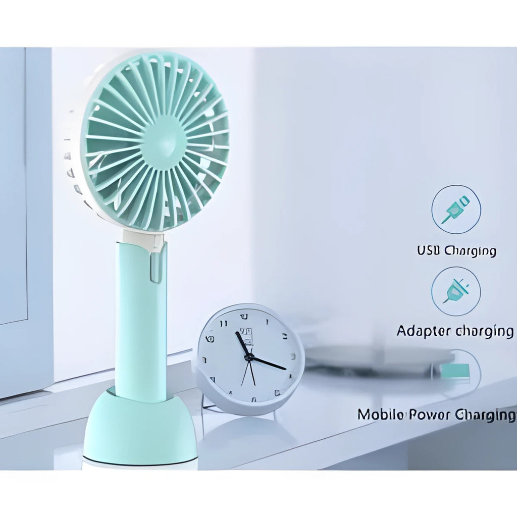 Blue handheld mini USB fan with 3-speed buttons on a desktop.