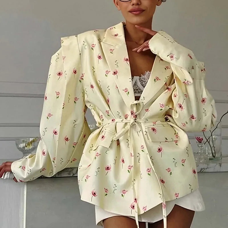 Women's white polyester suit jacket with collar lace-up waist detail and long sleeves