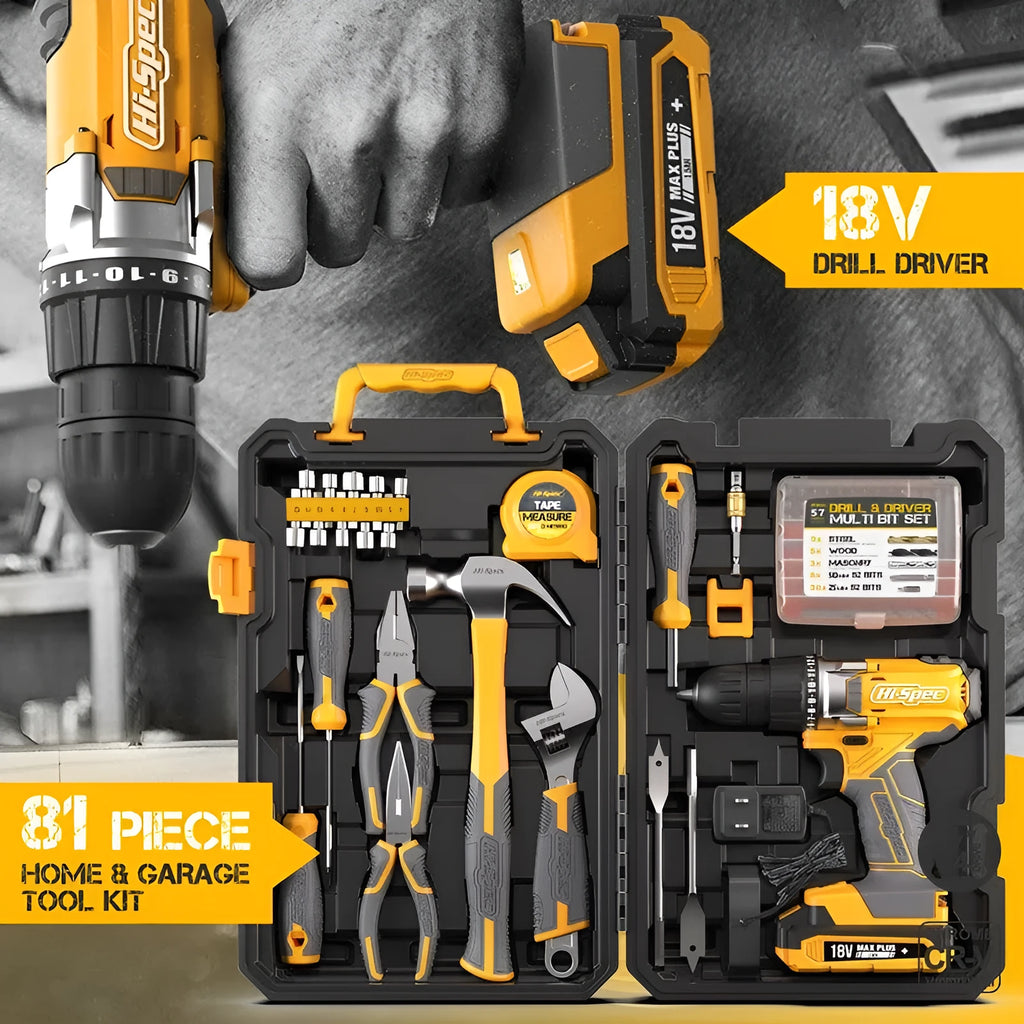 Grey yellow US-style toolbox open to show 82-piece chrome-vanadium steel home repair tool set.