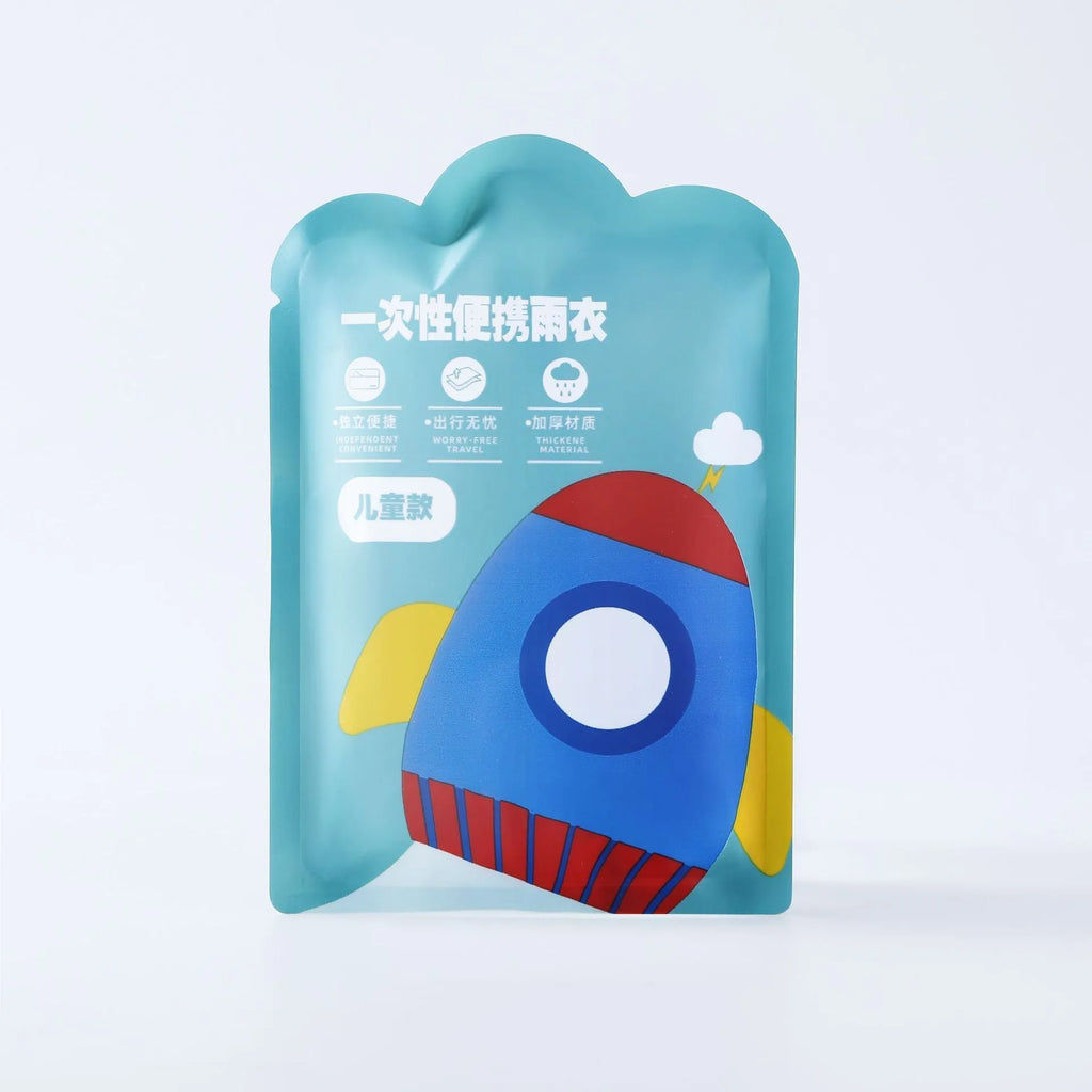 Disposable children's long plastic rain poncho folded to 13cm by 9cm size in various colours.