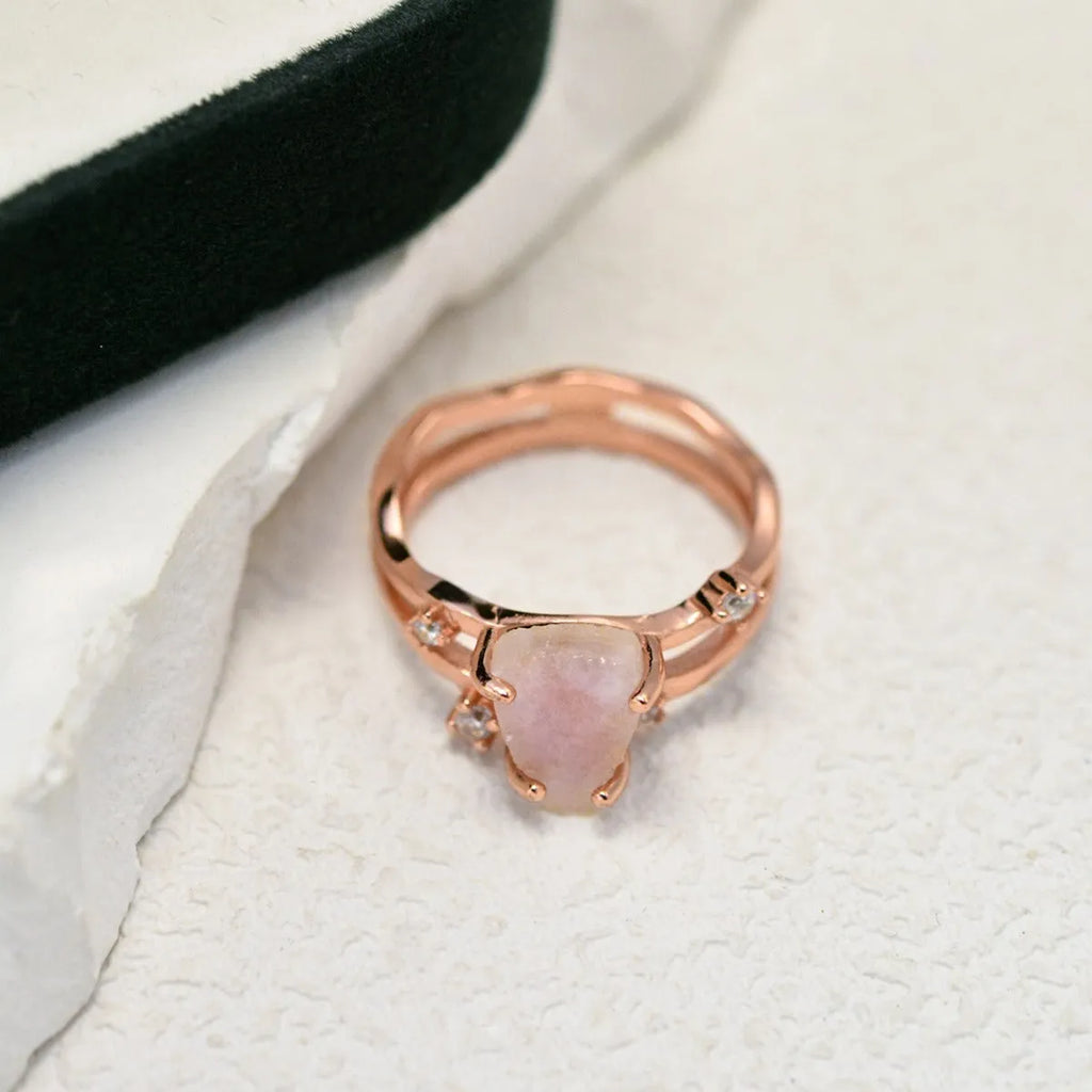 S925 silver geometric ring with an irregular triangle shape and moonstone setting in rose gold, white, or yellow gold colour.