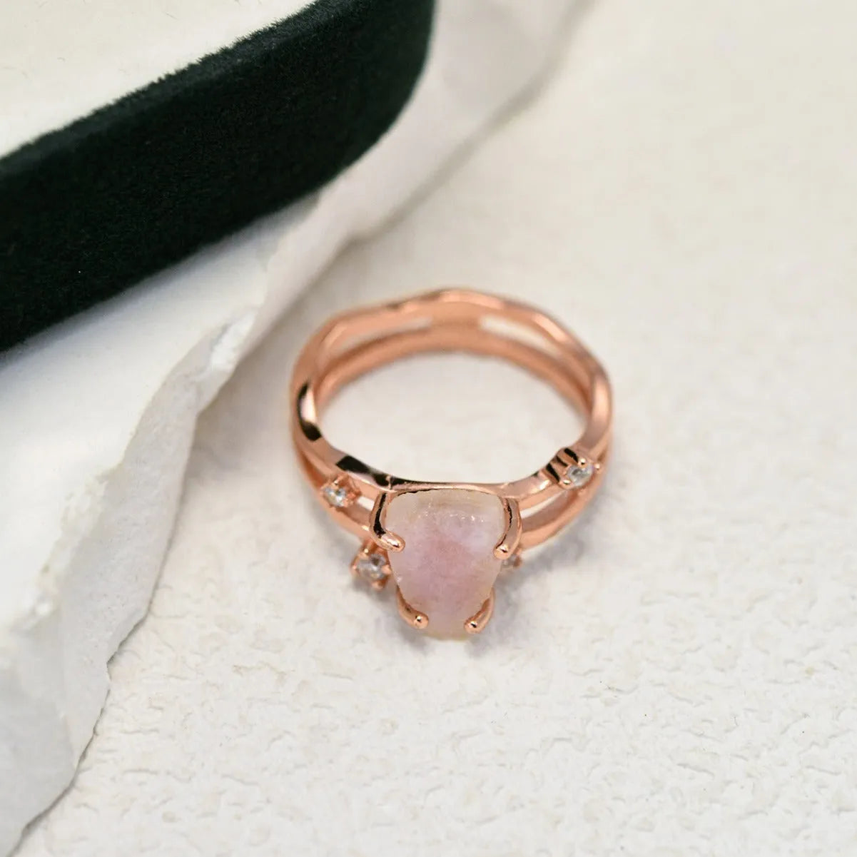 S925 silver geometric ring with an irregular triangle shape and moonstone setting in rose gold, white, or yellow gold colour.