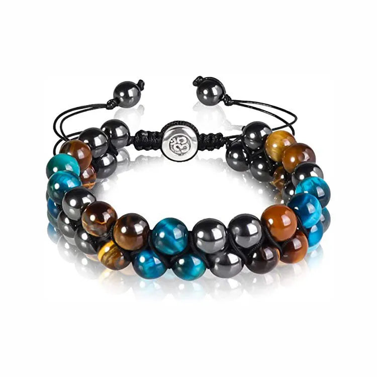 Men's tiger eye double-layer woven bracelet with bright magnet accents and geometric design