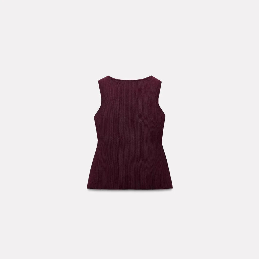 Dark red slim-fit sleeveless cardigan vest with a raised 3D pattern texture on a mannequin.