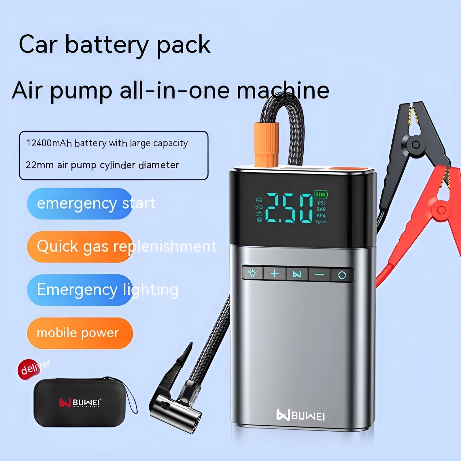 Aluminium alloy car jump starter power bank with EVA case, battery clips, and air nozzle