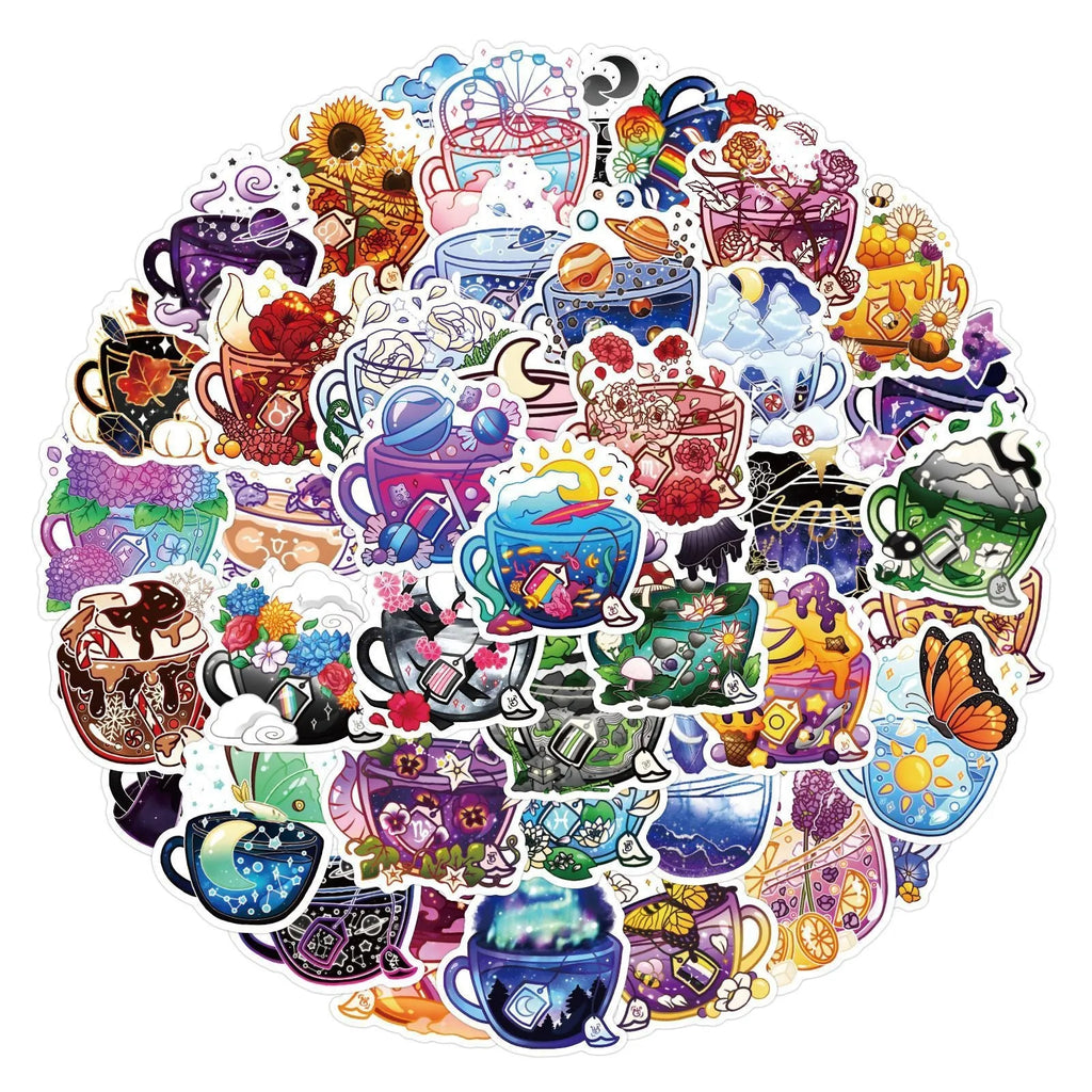 Pack of 50 colourful tea cup graffiti design vinyl stickers for scooter and luggage decoration