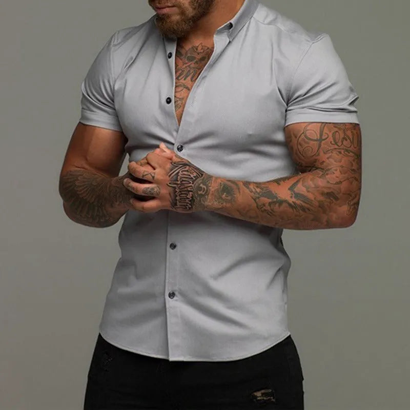 Men's short sleeve lapel shirt in loose cardigan style, solid colour, polyester, sizes M to XXXL.