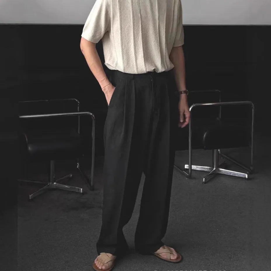 Men's Korean style cotton linen trousers in apricot, army green, and purplish blue colours