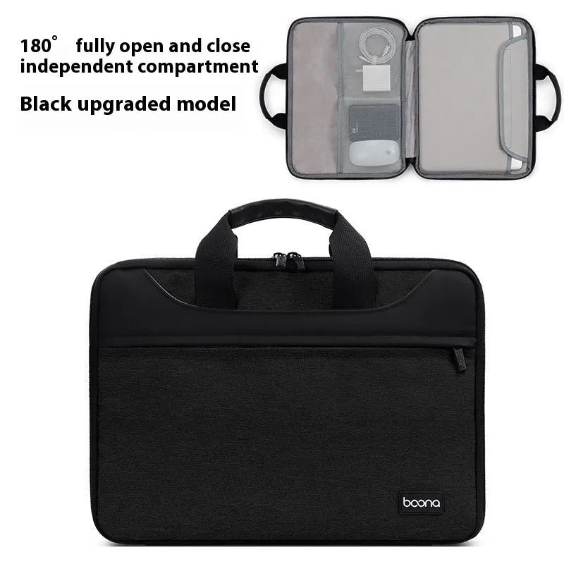 Black waterproof oxford cloth laptop bag for business travel with a soft carry handle, shown open.
