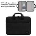Black waterproof oxford cloth laptop bag for business travel with a soft carry handle, shown open.