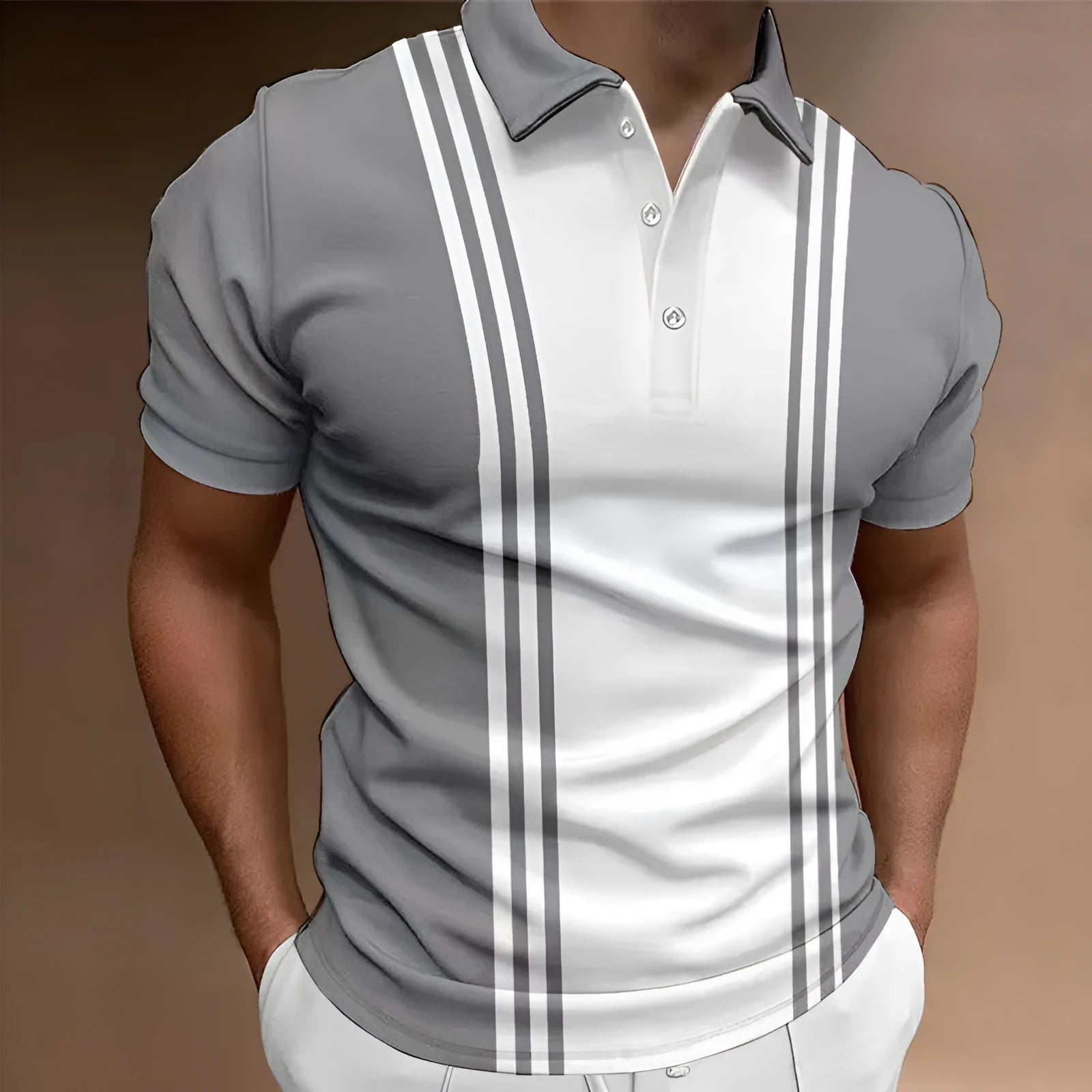 Men's loose fit t-shirt with printed 3 button lapel design in polyester fabric