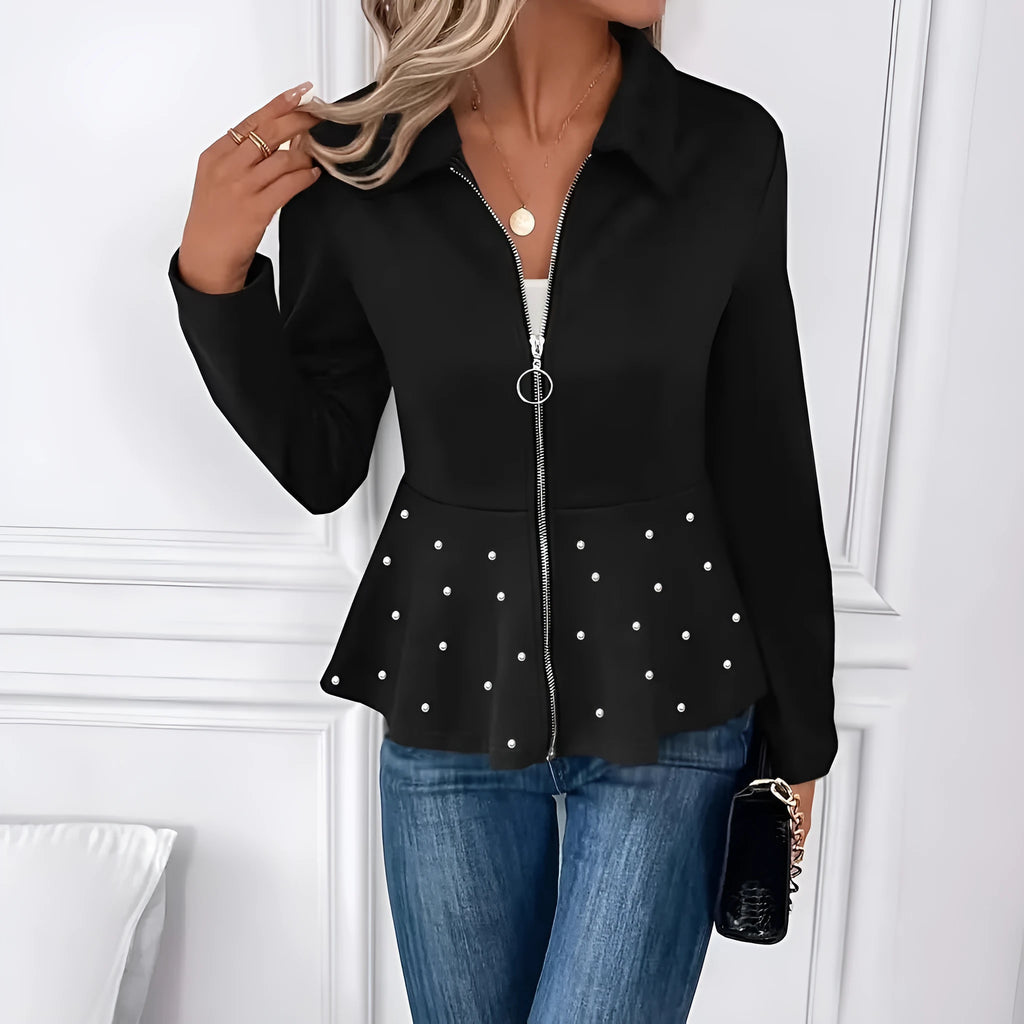 Women's loose-fit coat with beaded zipper and ruffled hem in dark red solid colour