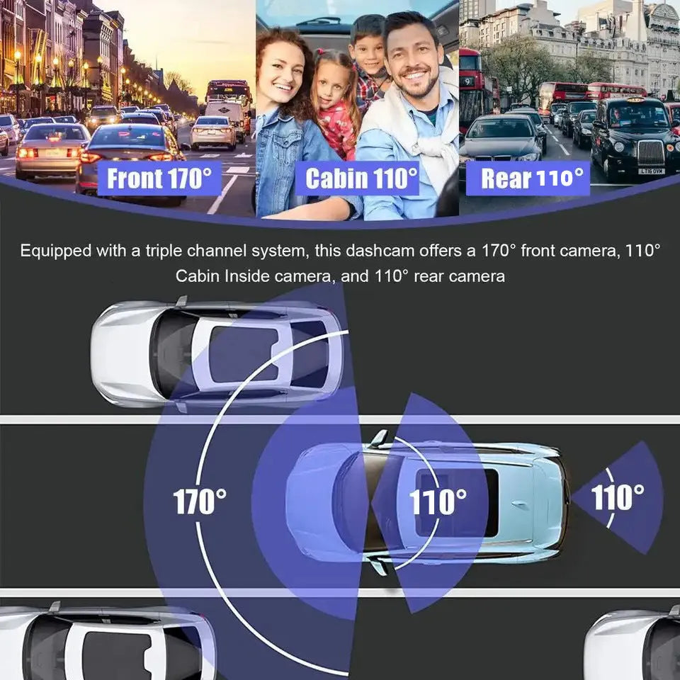 Black three-lens dashboard camera with 3-inch screen for front windshield installation