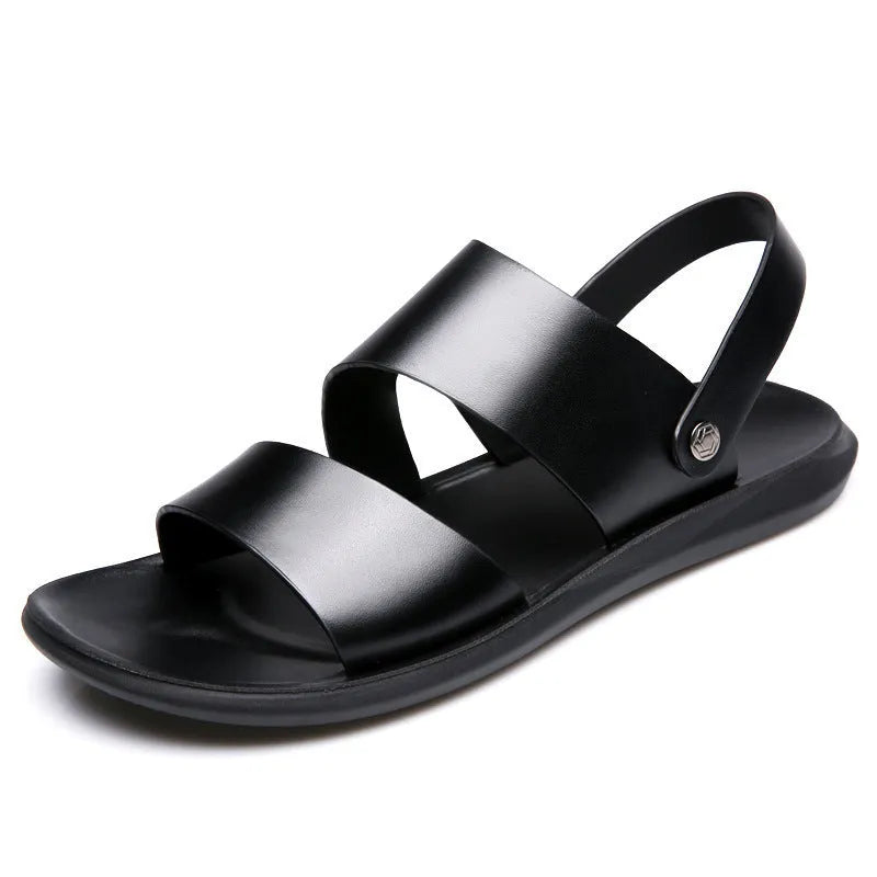 Men's casual beach sandals with cow split leather upper, open toe, and slingback strap in brown colour