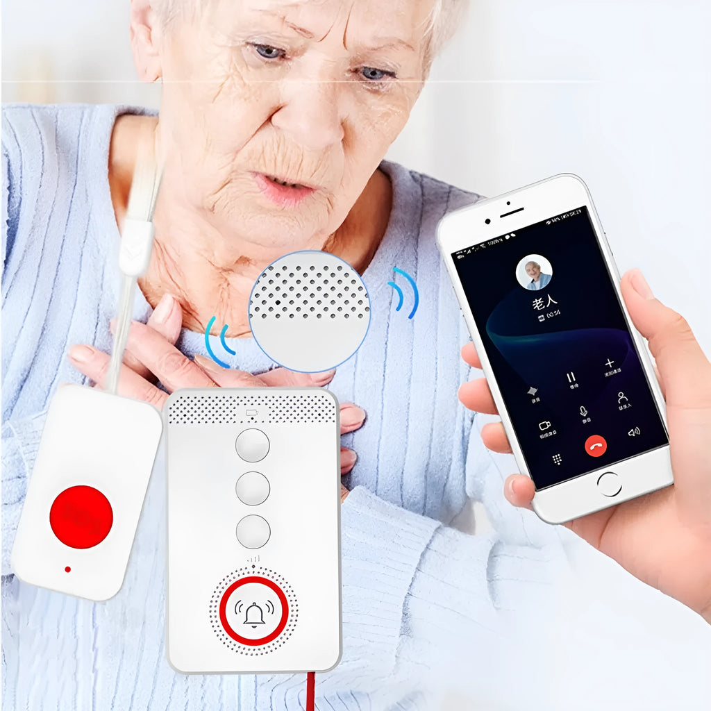 White emergency alert system with central buzzer and three wireless call buttons for elderly safety