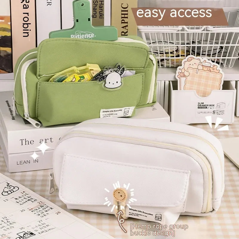 Large capacity canvas pencil case for girls in beige, blue, gray, or green, holding many pens.