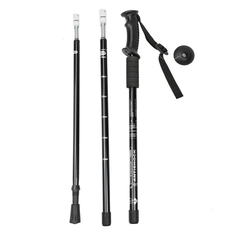 Adjustable aluminium alloy trekking poles with three straight handles and complete accessory set including foot covers and snow holders