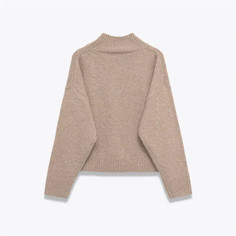 Women's khaki knitted sweater with stand-up collar and colour-block stripes