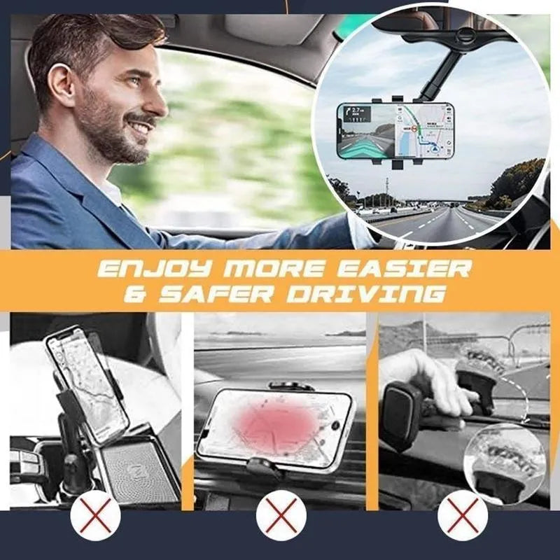 Black rearview mirror car phone holder showing 360-degree rotation and telescopic arm extended.