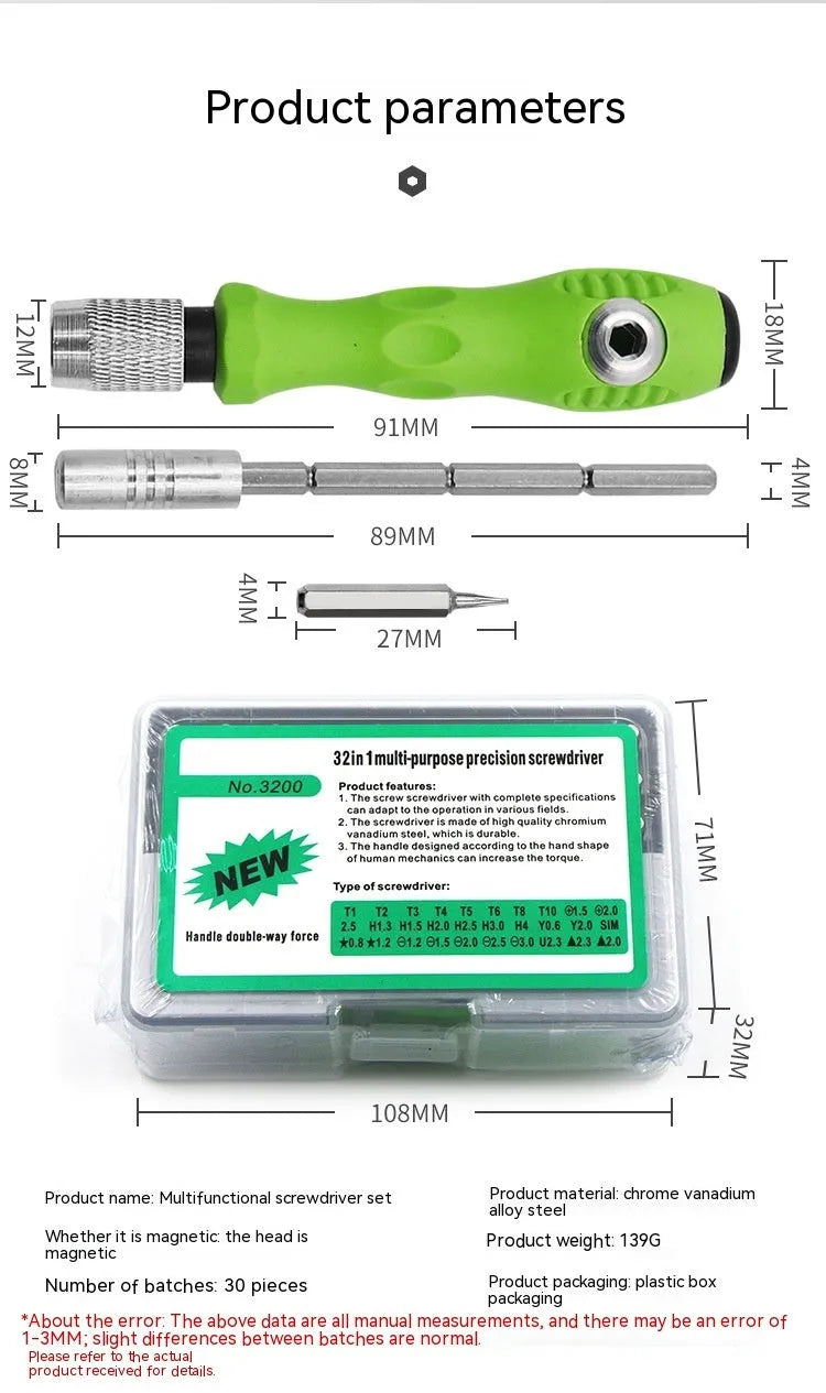 32-in-1 screwdriver bit set with handle for mobile phone and precision instrument repair
