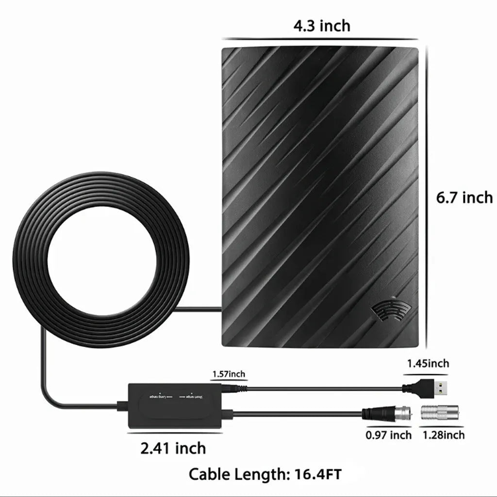 Black plastic digital television antenna with mounting accessories including screws and expansion tubes